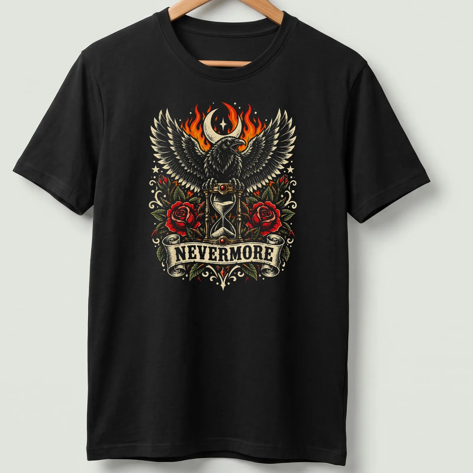Vintage gothic shirt with a raven, hourglass, and roses, featuring the word 'NEVERMORE' — printed on a unisex t-shirt