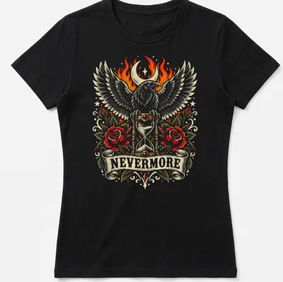 Vintage gothic shirt with a raven, hourglass, and roses, featuring the word 'NEVERMORE' — printed on a women's shirt