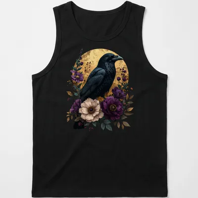 Gothic raven amidst vibrant purple flowers with green leaves — printed on a tank top