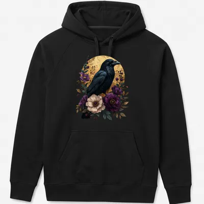 Gothic raven amidst vibrant purple flowers with green leaves — printed on a unisex hoodie