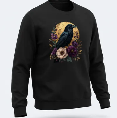 Gothic raven amidst vibrant purple flowers with green leaves — printed on a unisex sweatshirt