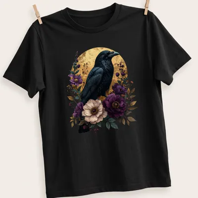 Gothic raven amidst vibrant purple flowers with green leaves