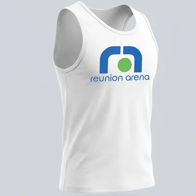 Modern minimalist Reunion Arena logo t-shirt in blue, green, and white — printed on a tank top