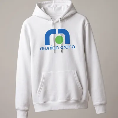 Modern minimalist Reunion Arena logo t-shirt in blue, green, and white — printed on a unisex hoodie
