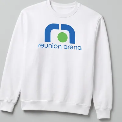 Modern minimalist Reunion Arena logo t-shirt in blue, green, and white — printed on a unisex sweatshirt