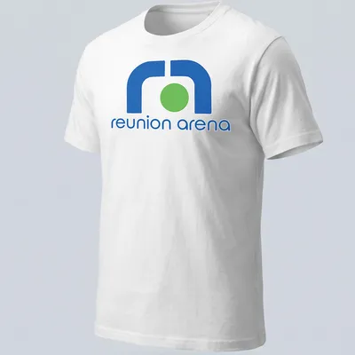 Modern minimalist Reunion Arena logo t-shirt in blue, green, and white
