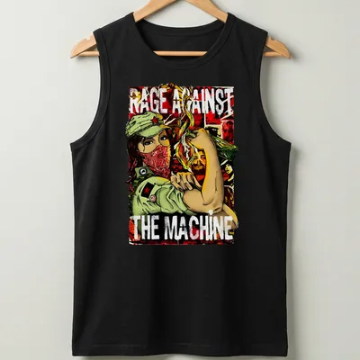 Vintage protest art of a revolutionary soldier with bold text 'RAGE AGAINST THE MACHINE' — printed on a tank top