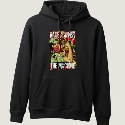 Vintage protest art of a revolutionary soldier with bold text 'RAGE AGAINST THE MACHINE' — printed on a unisex hoodie