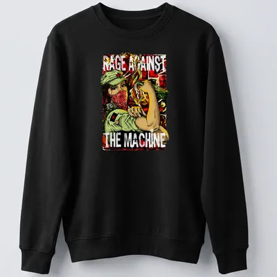Vintage protest art of a revolutionary soldier with bold text 'RAGE AGAINST THE MACHINE' — printed on a unisex sweatshirt