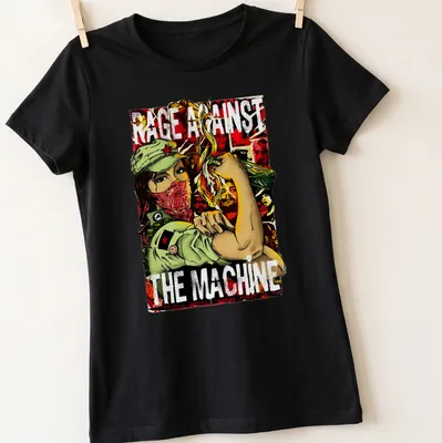 Vintage protest art of a revolutionary soldier with bold text 'RAGE AGAINST THE MACHINE' — printed on a women's shirt