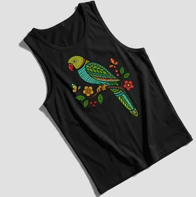 Gond art t-shirt featuring a Ring Necked Parakeet on a flowering branch — printed on a tank top