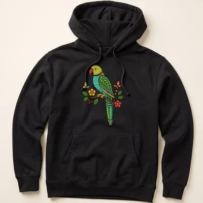 Gond art t-shirt featuring a Ring Necked Parakeet on a flowering branch — printed on a unisex hoodie