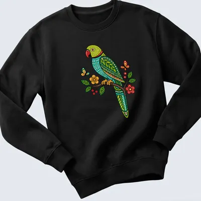 Gond art t-shirt featuring a Ring Necked Parakeet on a flowering branch — printed on a unisex sweatshirt