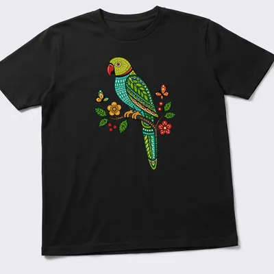 Gond art t-shirt featuring a Ring Necked Parakeet on a flowering branch