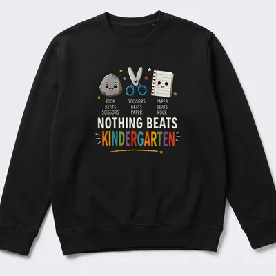 Kawaii design featuring Rock Paper Scissors game elements in bright colors — printed on a unisex sweatshirt