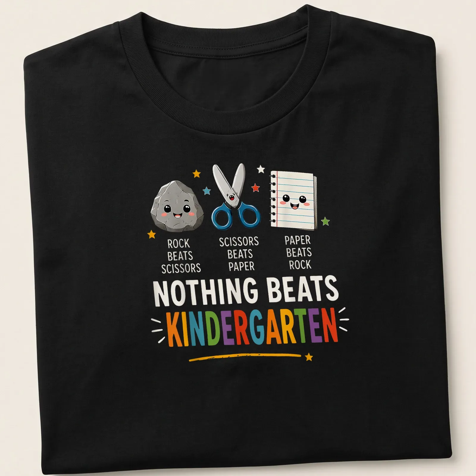 Kawaii design featuring Rock Paper Scissors game elements in bright colors — printed on a unisex t-shirt