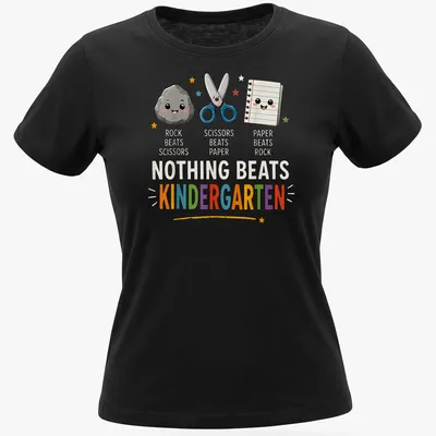 Kawaii design featuring Rock Paper Scissors game elements in bright colors — printed on a women's shirt