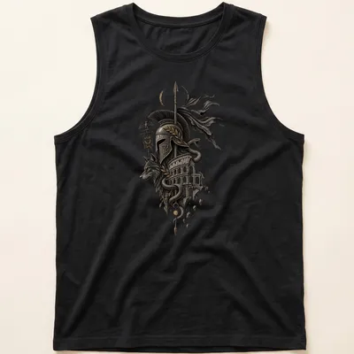 Illustration of Roman wolf and serpent with helmet and Colosseum, featuring text VIRTUS HONOR FIDES — printed on a tank top