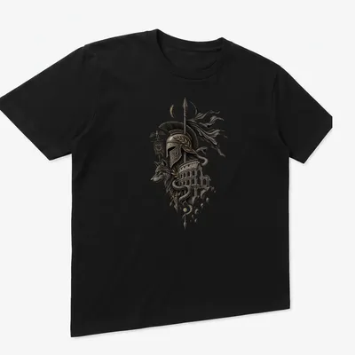 Illustration of Roman wolf and serpent with helmet and Colosseum, featuring text VIRTUS HONOR FIDES — printed on a unisex t-shirt (angled view)