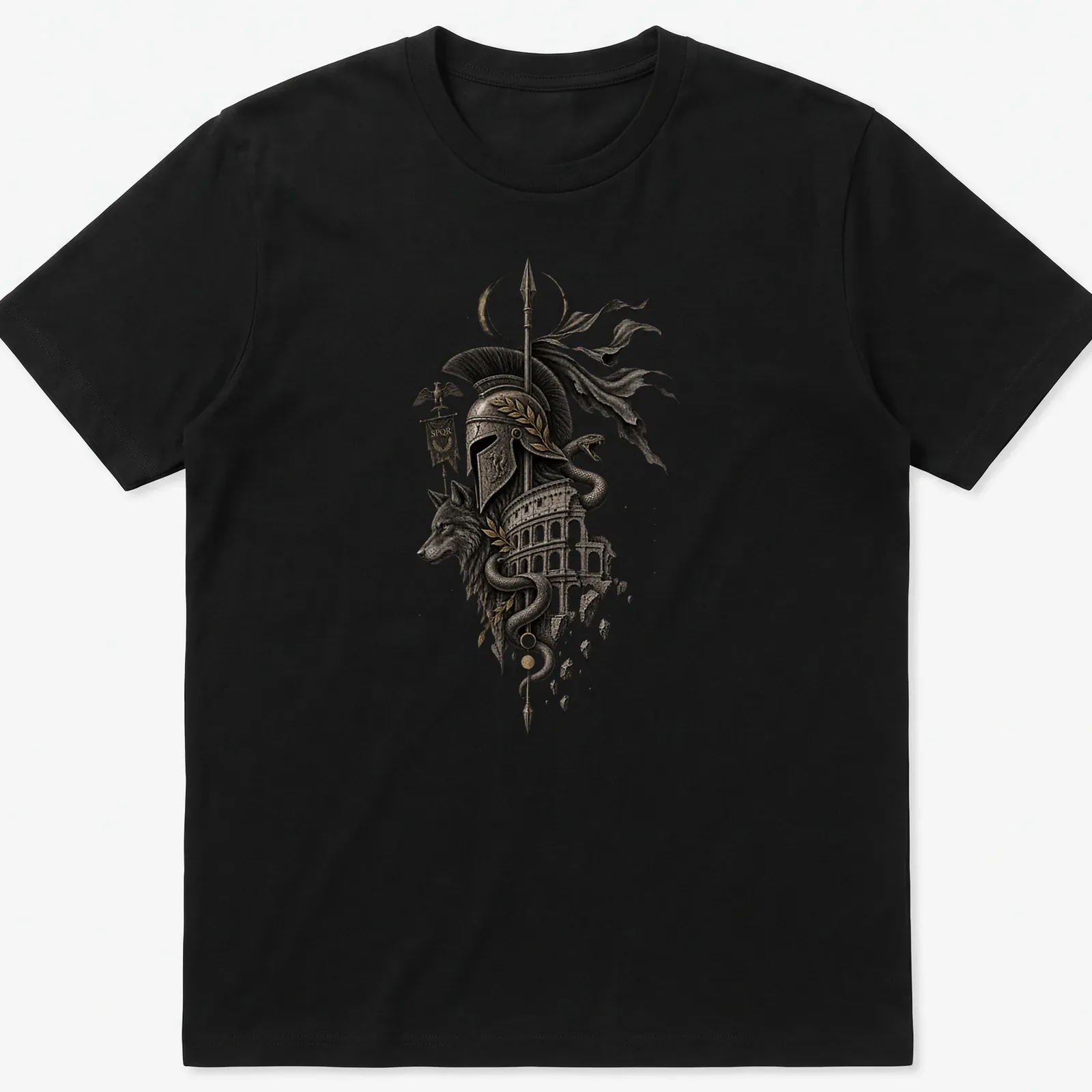 Illustration of Roman wolf and serpent with helmet and Colosseum, featuring text VIRTUS HONOR FIDES — printed on a unisex t-shirt