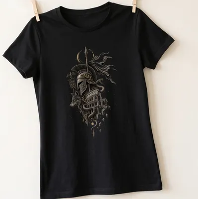 Illustration of Roman wolf and serpent with helmet and Colosseum, featuring text VIRTUS HONOR FIDES — printed on a women's shirt
