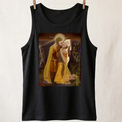Fantasy illustration of a romantic couple embracing with the text The Commander’s Kiss — printed on a tank top