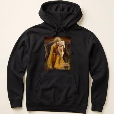 Fantasy illustration of a romantic couple embracing with the text The Commander’s Kiss — printed on a unisex hoodie