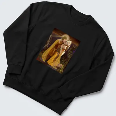 Fantasy illustration of a romantic couple embracing with the text The Commander’s Kiss — printed on a unisex sweatshirt