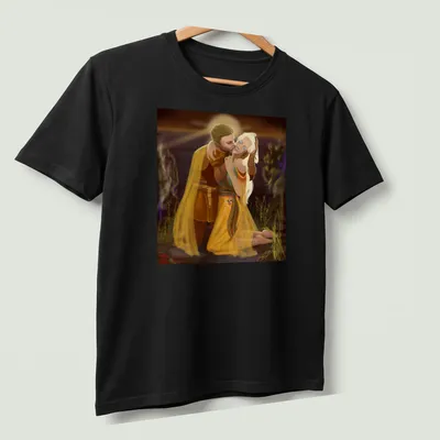 Fantasy illustration of a romantic couple embracing with the text The Commander’s Kiss — printed on a unisex t-shirt (angled view)