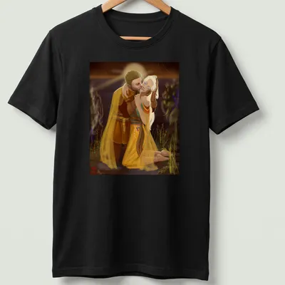 Fantasy illustration of a romantic couple embracing with the text The Commander’s Kiss