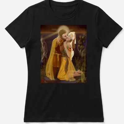 Fantasy illustration of a romantic couple embracing with the text The Commander’s Kiss — printed on a women's shirt