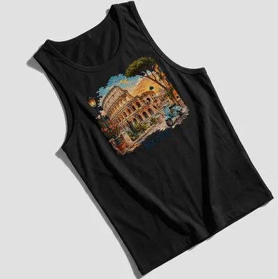 Vintage travel illustration of the Colosseum with Italy ROME text in blue, orange, green, and brown — printed on a tank top