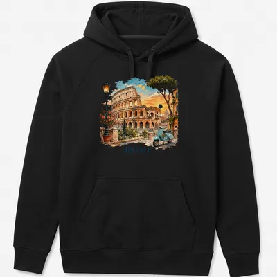 Vintage travel illustration of the Colosseum with Italy ROME text in blue, orange, green, and brown — printed on a unisex hoodie