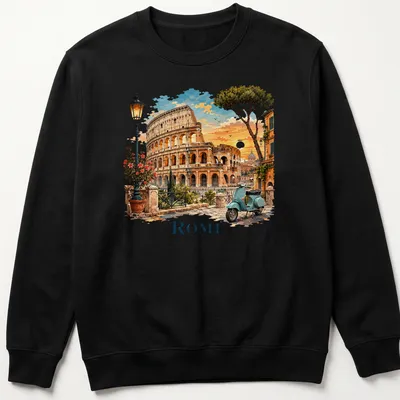 Vintage travel illustration of the Colosseum with Italy ROME text in blue, orange, green, and brown — printed on a unisex sweatshirt
