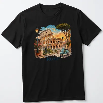 Vintage travel illustration of the Colosseum with Italy ROME text in blue, orange, green, and brown