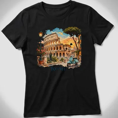 Vintage travel illustration of the Colosseum with Italy ROME text in blue, orange, green, and brown — printed on a women's shirt