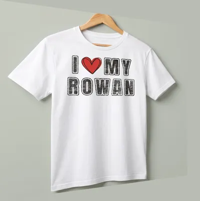 Retro distressed t-shirt featuring 'I ♥ MY ROWAN' with heart graphic — printed on a unisex t-shirt (angled view)
