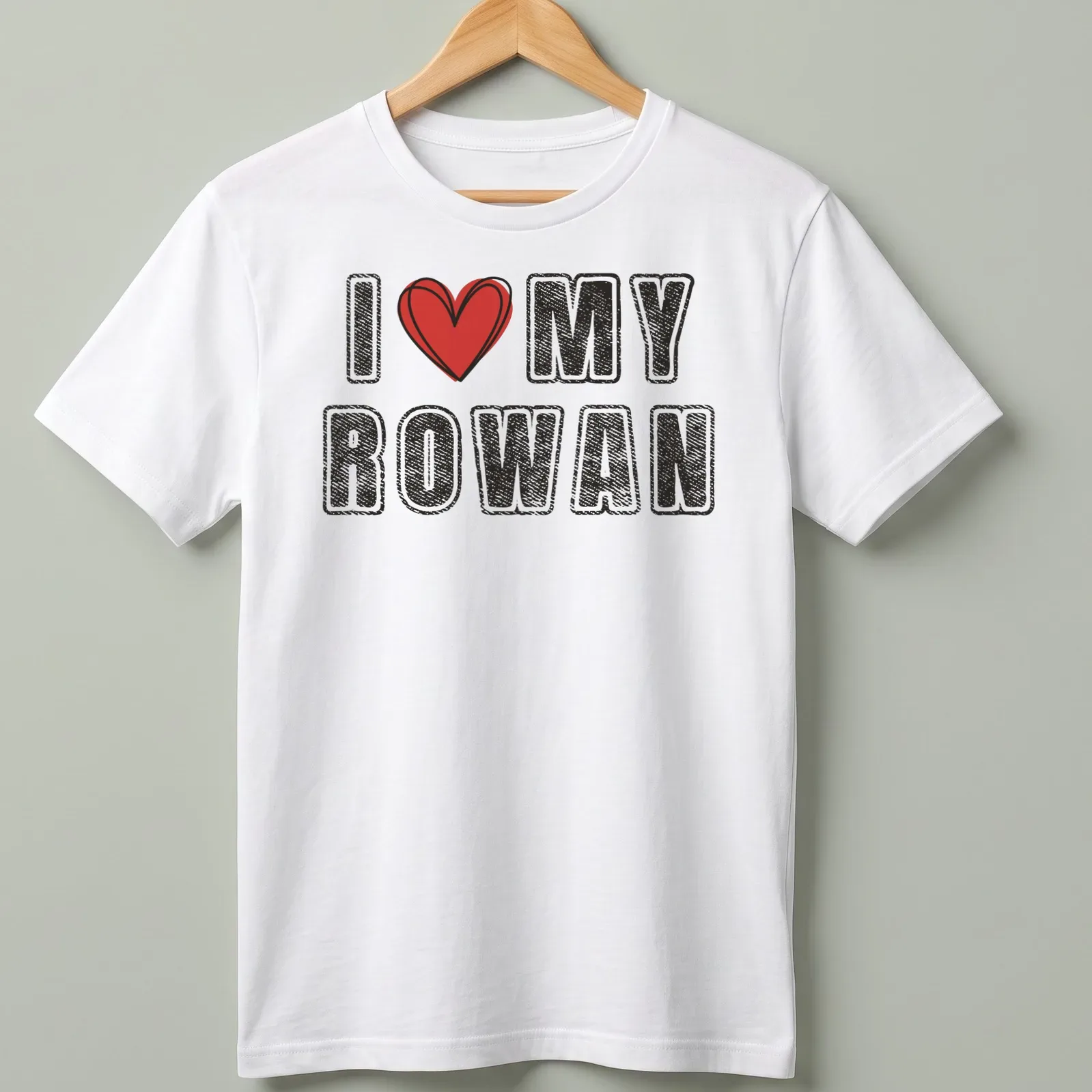 Retro distressed t-shirt featuring 'I ♥ MY ROWAN' with heart graphic — printed on a unisex t-shirt