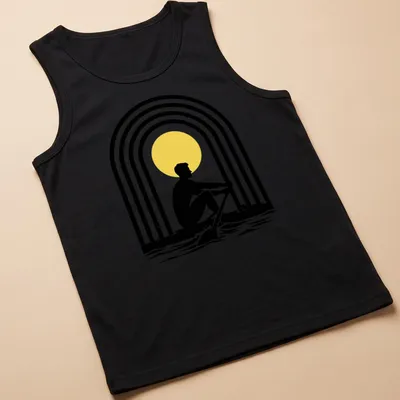 Minimalist rowing silhouette against a vibrant sun and rainbow graphic — printed on a tank top