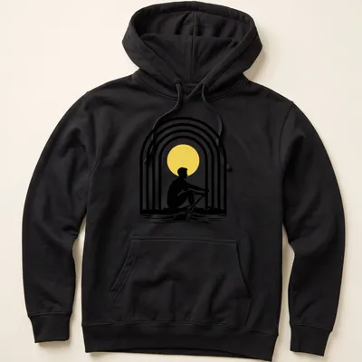 Minimalist rowing silhouette against a vibrant sun and rainbow graphic — printed on a unisex hoodie