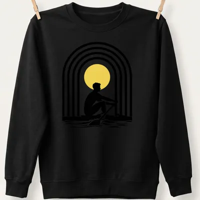 Minimalist rowing silhouette against a vibrant sun and rainbow graphic — printed on a unisex sweatshirt