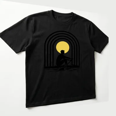 Minimalist rowing silhouette against a vibrant sun and rainbow graphic — printed on a unisex t-shirt (angled view)