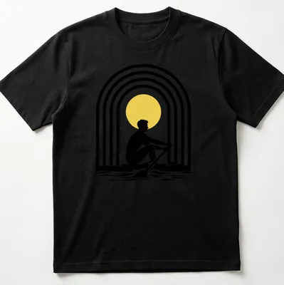 Minimalist rowing silhouette against a vibrant sun and rainbow graphic