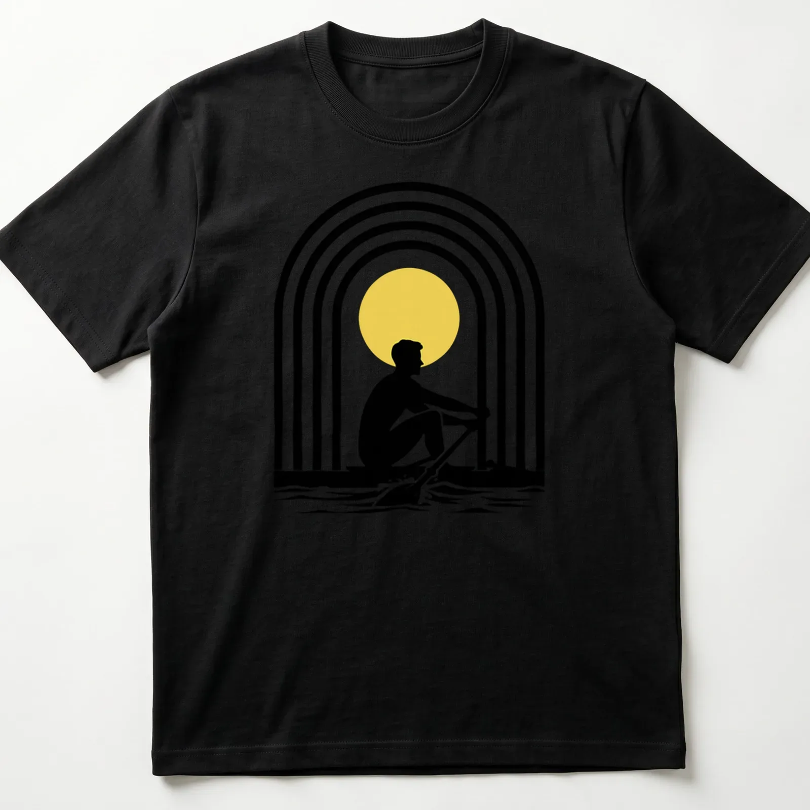 Minimalist rowing silhouette against a vibrant sun and rainbow graphic — printed on a unisex t-shirt