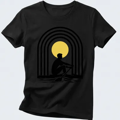 Minimalist rowing silhouette against a vibrant sun and rainbow graphic — printed on a women's shirt