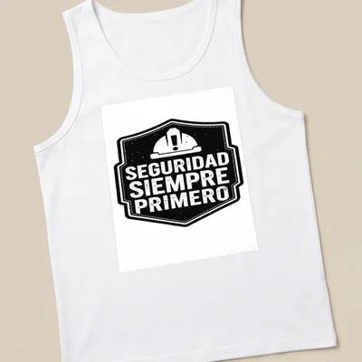 Vintage distressed t-shirt featuring a safety helmet with the text 'SEGURIDAD SIEMPRE PRIMERO' — printed on a tank top