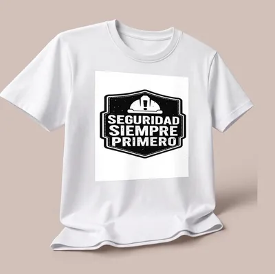 Vintage distressed t-shirt featuring a safety helmet with the text 'SEGURIDAD SIEMPRE PRIMERO' — printed on a unisex t-shirt (angled view)