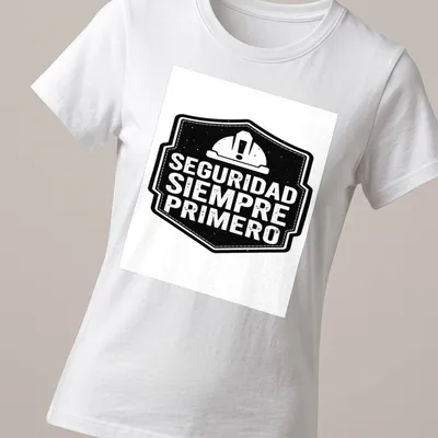 Vintage distressed t-shirt featuring a safety helmet with the text 'SEGURIDAD SIEMPRE PRIMERO' — printed on a women's shirt
