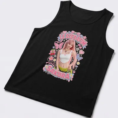 Colorful illustration of Sakura from LE SSERAFIM with butterflies in vibrant hues — printed on a tank top