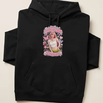 Colorful illustration of Sakura from LE SSERAFIM with butterflies in vibrant hues — printed on a unisex hoodie